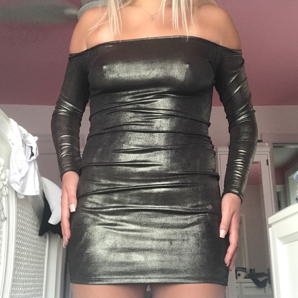 gold off the shoulder mini dress